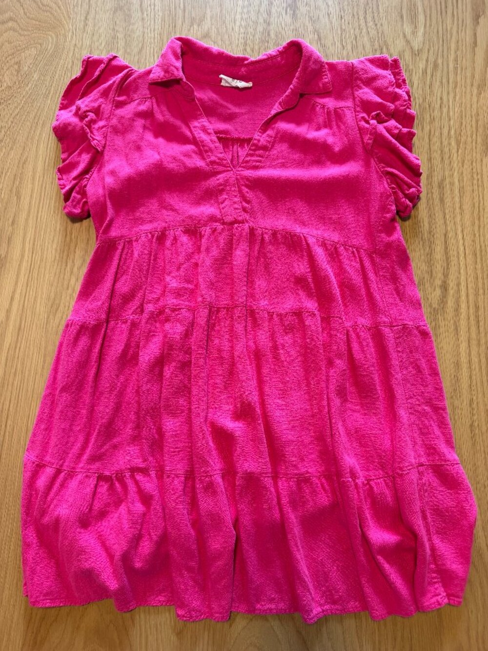 Pink Linen Tiered Mini Dress, Collar & Ruffle Sleeves – Size Small (gjo)